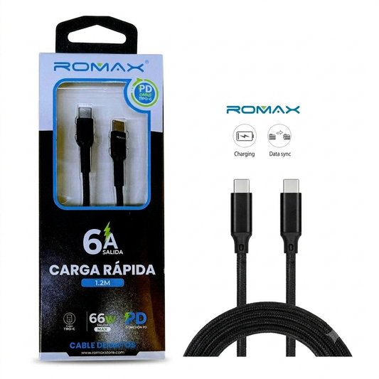 Cable Romax 6A 66W Carga Rápida USB-C — 1.2m